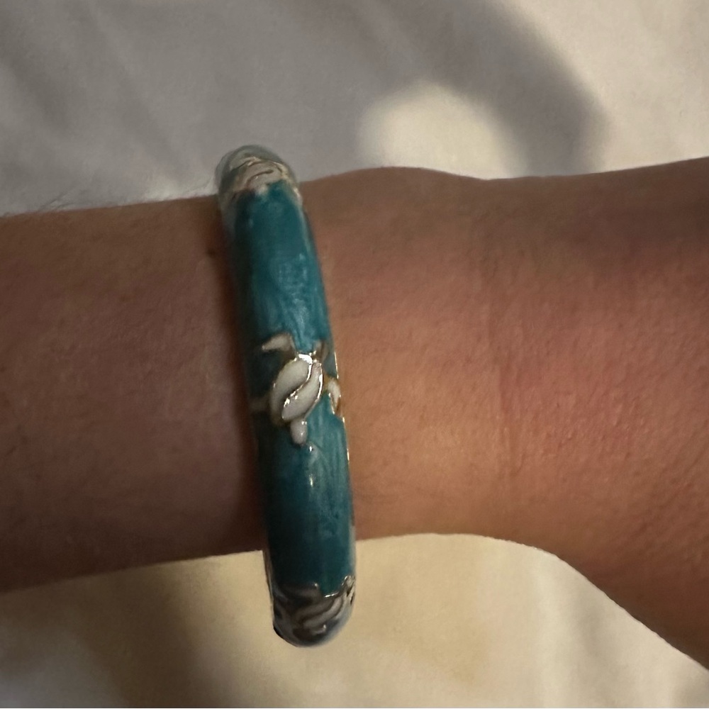 Turquoise Turtle Gold Tone Blue Enamel Bangle Bracelet Clamper Hinge Stackable